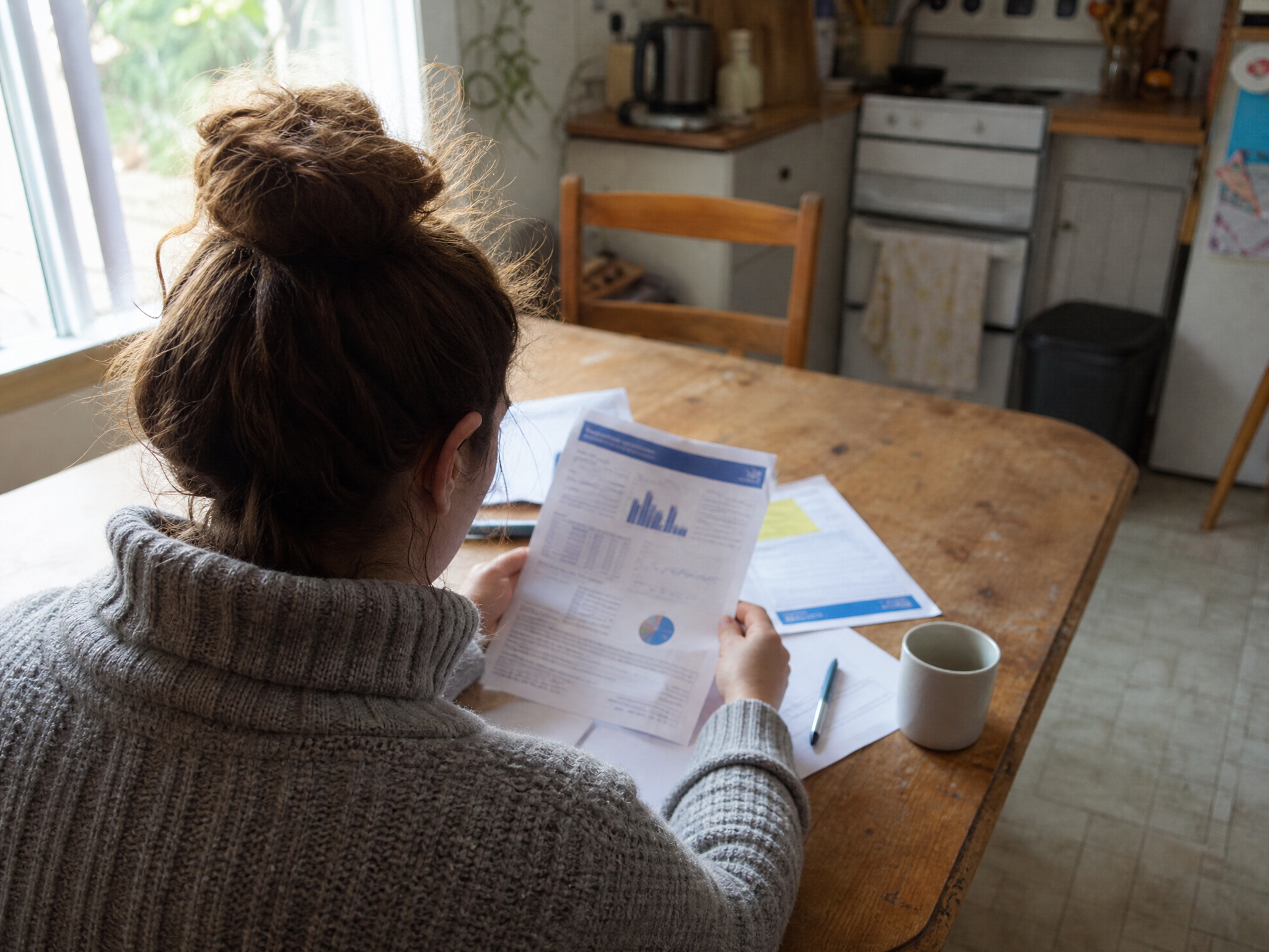 Homeowner reading about heat pump costs at a kitchen table