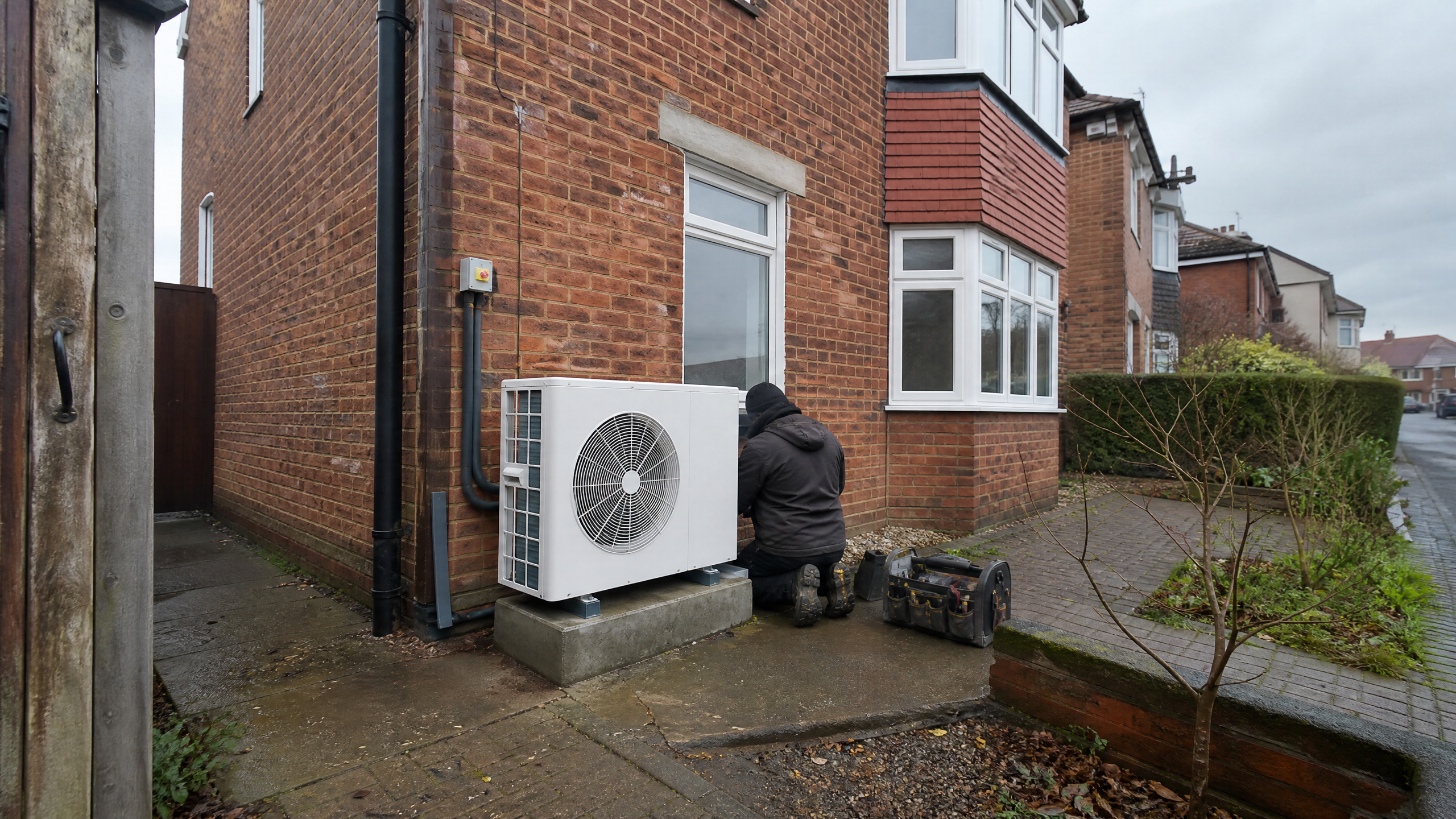 Air source heat pump fitted beside a red-brick semi-detached house in Walsall